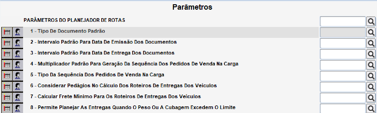 Parâmetos do roteirizador